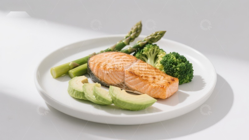 高清大图下载【趣麦麦图】三文鱼配芦笋和西兰花的健康餐