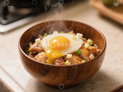 热腾腾的鸡肉饭配煎蛋