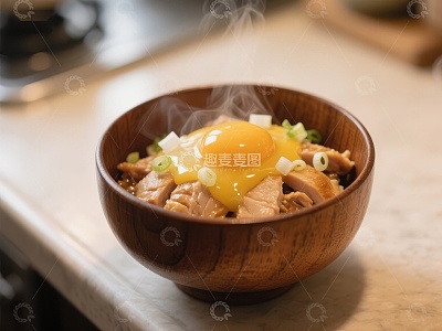热腾腾的木碗盖饭，蛋黄诱人
