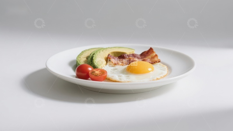 高清大图下载【趣麦麦图】简单早餐：煎蛋、培根、牛油果和樱桃番茄