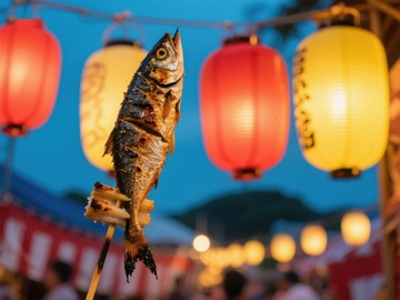 夜市烤鱼与灯笼