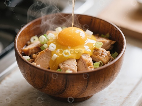 热腾腾的鸡肉饭配流心蛋