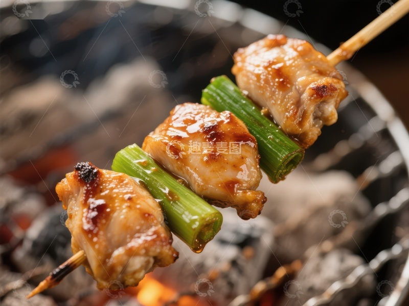 高清大图下载【趣麦麦图】烤鸡肉串与青葱在炭火上烧烤