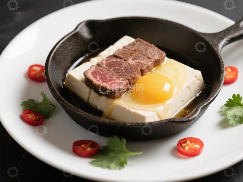 高清大图下载【趣麦麦图】铁锅煎蛋配豆腐牛肉