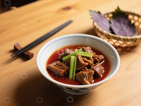 红烧牛肉配青葱的美味碗装料理