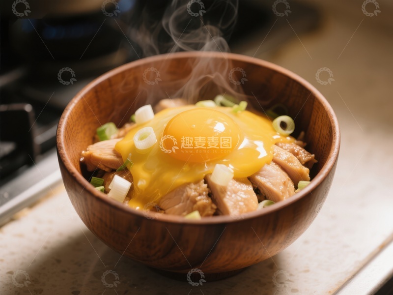高清大图下载【趣麦麦图】热腾腾的木碗盖饭，蛋黄诱人