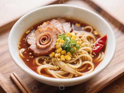 美味拉面配叉烧玉米