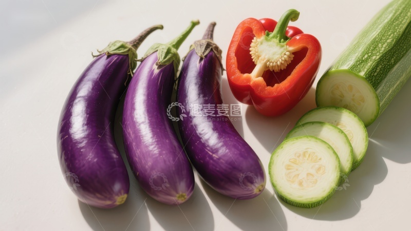 高清大图下载【趣麦麦图】新鲜蔬菜展示：茄子、甜椒与黄瓜