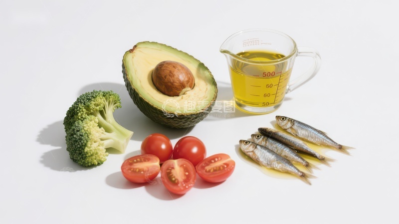 高清大图下载【趣麦麦图】健康食材组合：牛油果、西兰花、番茄、小鱼和橄榄油