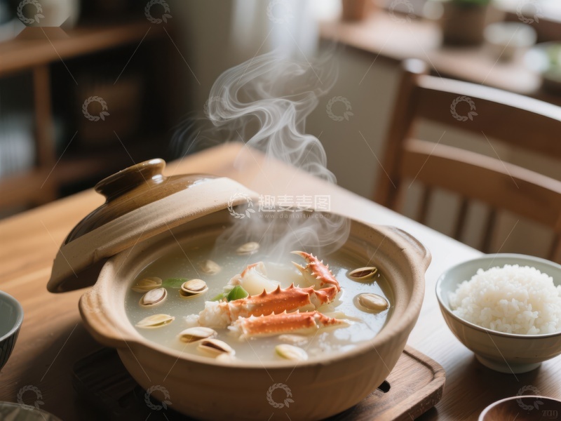 高清大图下载【趣麦麦图】热气腾腾的海鲜汤与米饭