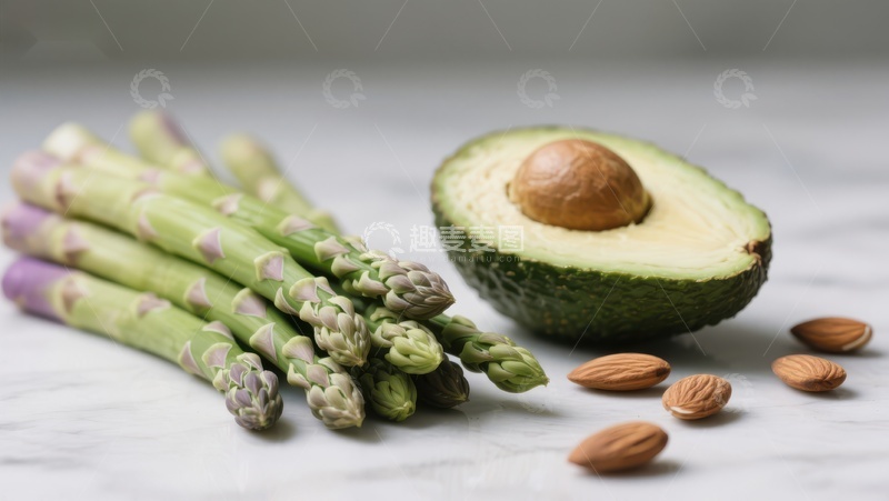 高清大图下载【趣麦麦图】新鲜芦笋、半个牛油果与杏仁