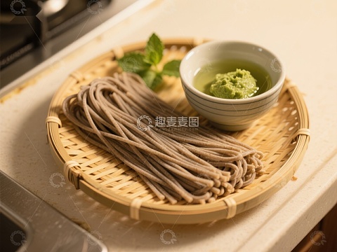 荞麦面条与抹茶酱，日式料理