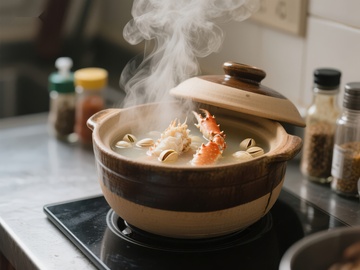热气腾腾的海鲜煲正在烹饪