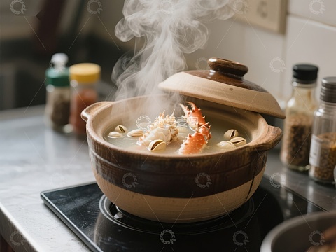 热气腾腾的海鲜煲正在烹饪