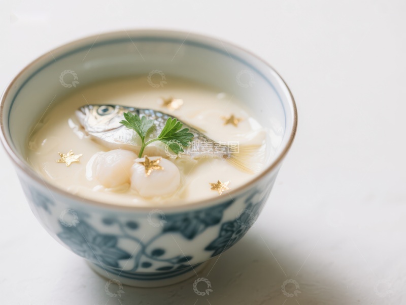 高清大图下载【趣麦麦图】碗中精致汤品，点缀鱼片与汤圆
