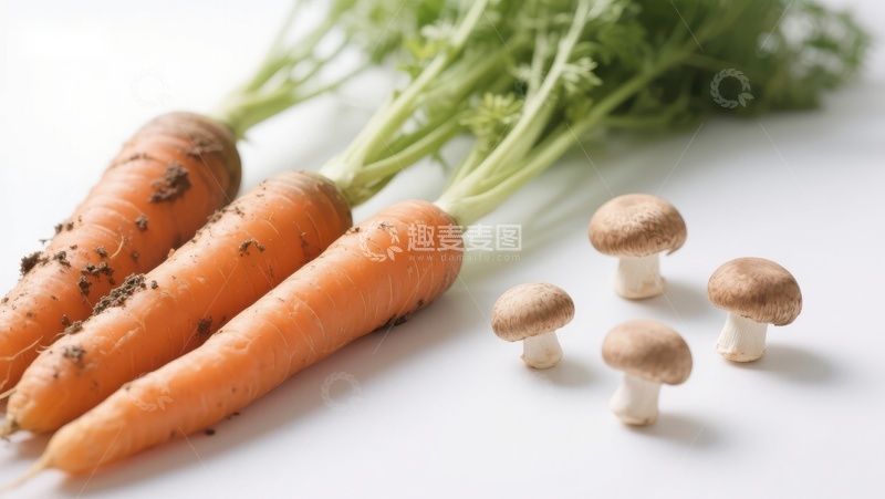 高清大图下载【趣麦麦图】新鲜胡萝卜与蘑菇的静物组合