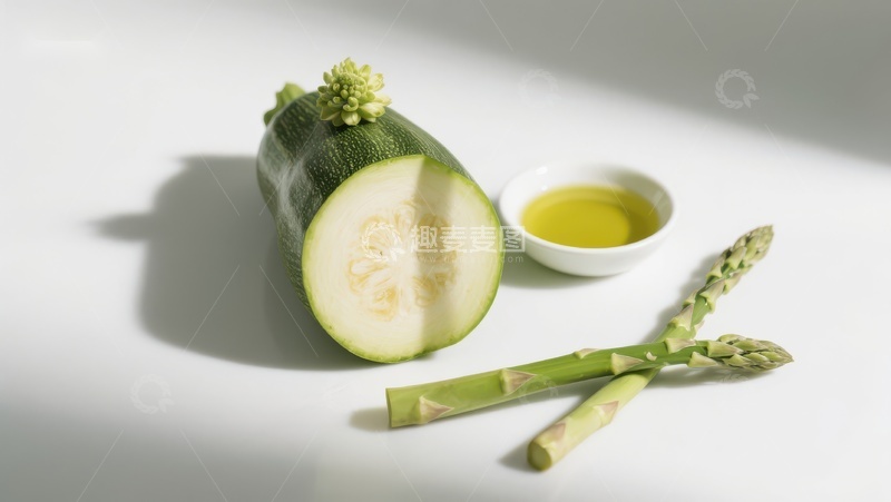 高清大图下载【趣麦麦图】切开的西葫芦与芦笋及橄榄油
