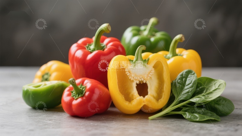 高清大图下载【趣麦麦图】多彩甜椒与绿叶蔬菜