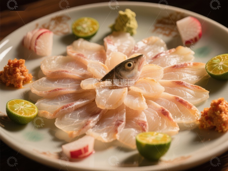 高清大图下载【趣麦麦图】精致生鱼片摆盘，配以柠檬和调料