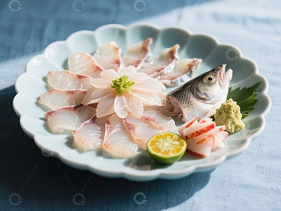 精致鱼片摆盘，配以柠檬和芥末