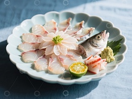 精致鱼片摆盘，配以柠檬和芥末