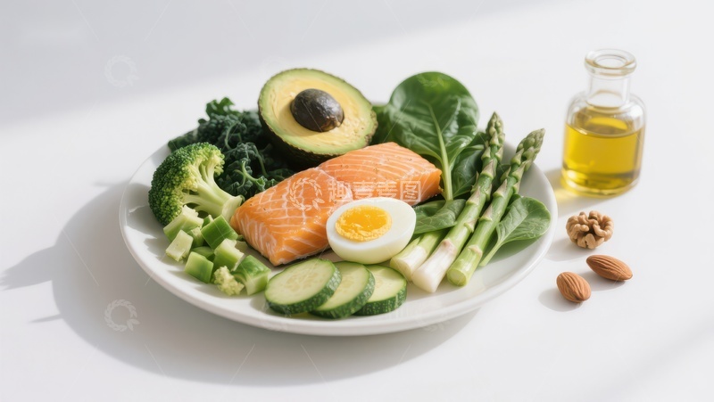 高清大图下载【趣麦麦图】健康餐盘：三文鱼、蔬菜与坚果
