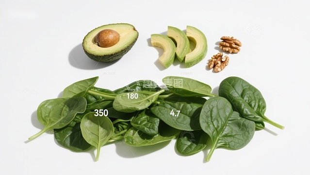 健康食材对比：牛油果、核桃与菠菜