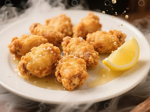 金黄酥脆炸鸡配柠檬