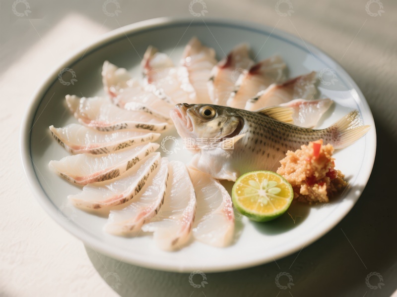 高清大图下载【趣麦麦图】精致鱼片摆盘，配以柠檬与调料