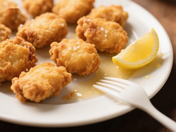 金黄炸鸡块配柠檬片