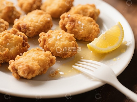 金黄炸鸡块配柠檬片