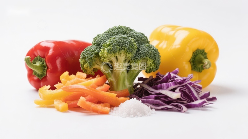 高清大图下载【趣麦麦图】新鲜蔬菜组合：西兰花、彩椒与紫甘蓝
