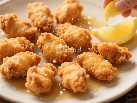金黄酥脆的炸鸡块配柠檬汁