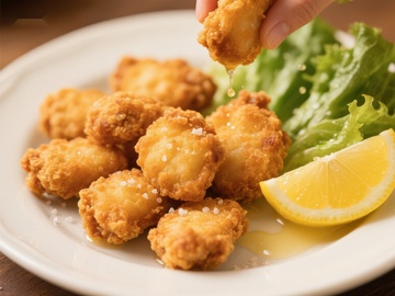 金黄炸鸡块配柠檬与生菜