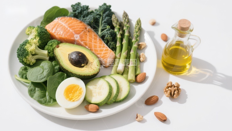 高清大图下载【趣麦麦图】健康餐盘：三文鱼、蔬菜与坚果