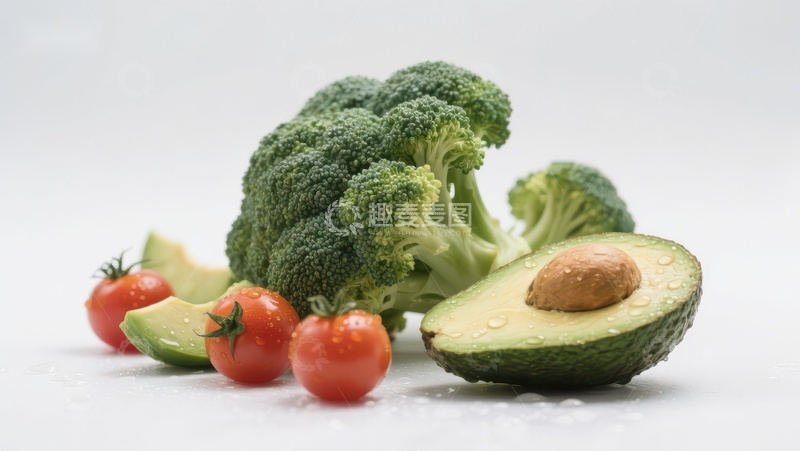 高清大图下载【趣麦麦图】新鲜蔬菜组合：西兰花、樱桃番茄和牛油果