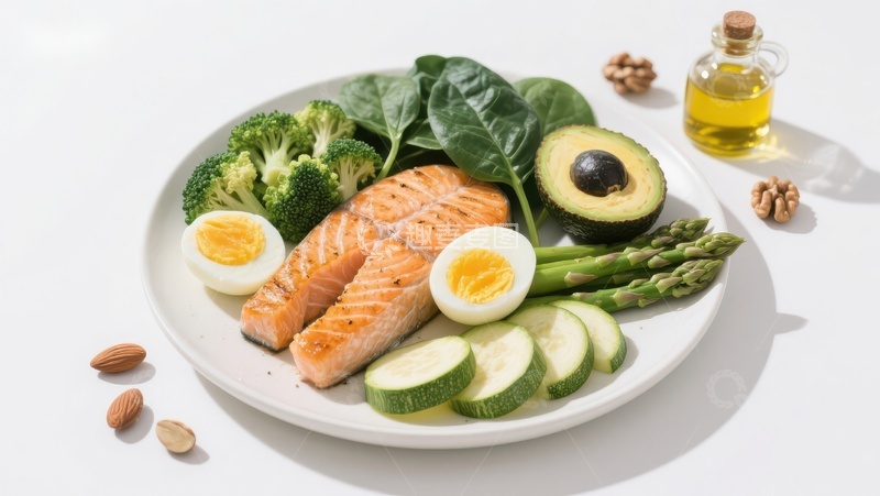 高清大图下载【趣麦麦图】健康餐盘：三文鱼、蔬菜与坚果