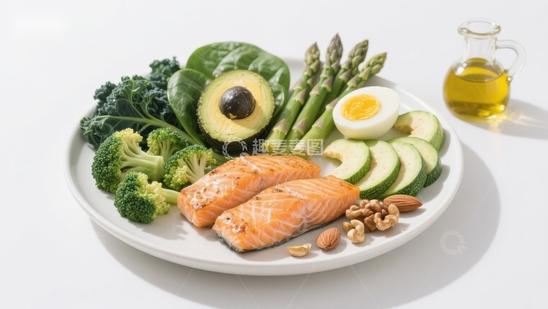 高清大图下载【趣麦麦图】健康餐盘：三文鱼配蔬菜和坚果