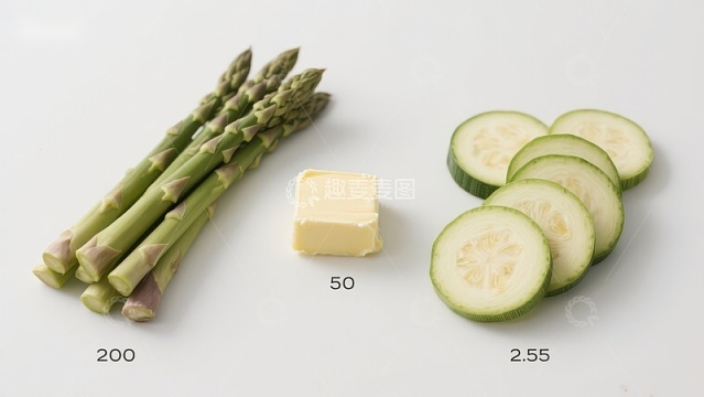 芦笋、黄油与黄瓜片的对比展示
