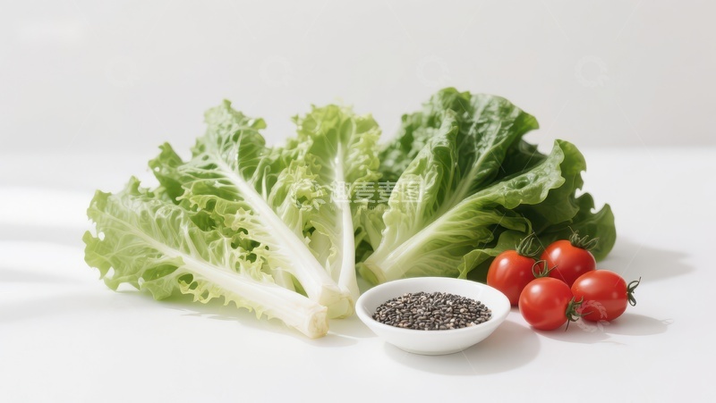 高清大图下载【趣麦麦图】新鲜生菜、樱桃番茄与奇亚籽的组合