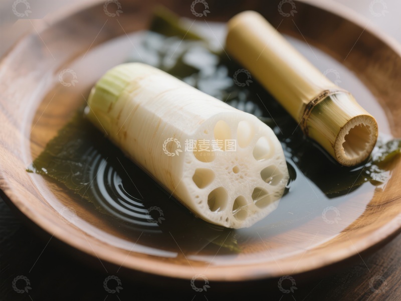 高清大图下载【趣麦麦图】莲藕切片与竹筒置于木质盘中