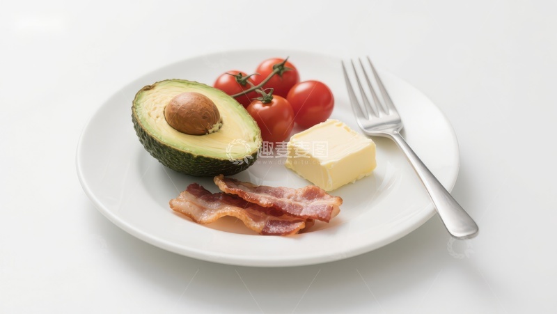 高清大图下载【趣麦麦图】简约早餐盘：牛油果、培根、黄油与樱桃番茄