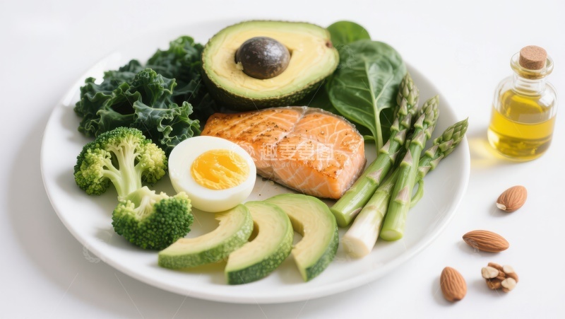 高清大图下载【趣麦麦图】健康餐盘：三文鱼、鳄梨与蔬菜
