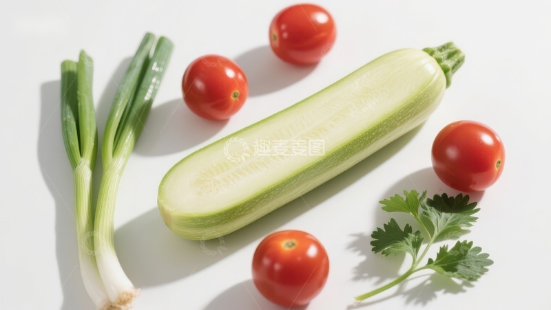 高清大图下载【趣麦麦图】新鲜蔬菜组合：西葫芦、樱桃番茄和葱