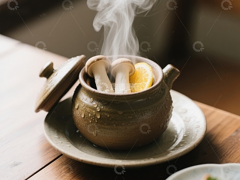 热气腾腾的菌菇柠檬茶壶
