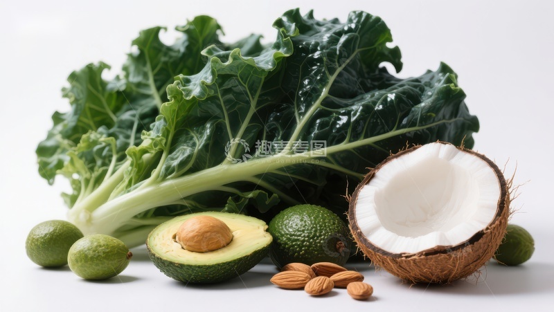 高清大图下载【趣麦麦图】新鲜椰子、牛油果与羽衣甘蓝
