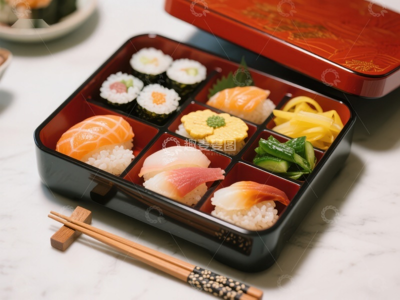 高清大图下载【趣麦麦图】精致日式便当盒，盛满寿司与配菜