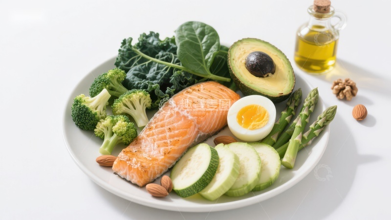 高清大图下载【趣麦麦图】健康餐盘：三文鱼配蔬菜和坚果