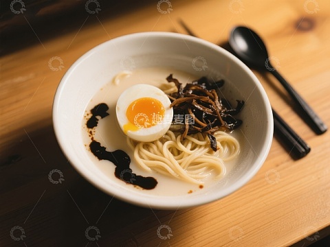 一碗美味的面条配半熟蛋和蘑菇