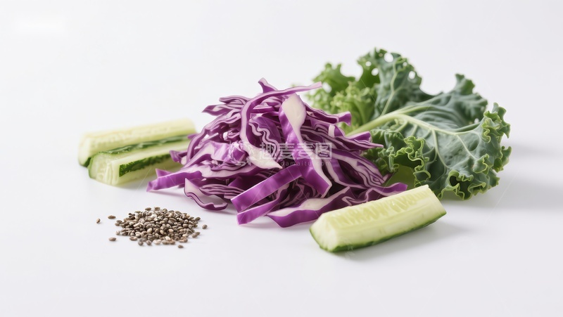 高清大图下载【趣麦麦图】新鲜蔬菜组合：紫甘蓝、黄瓜和羽衣甘蓝